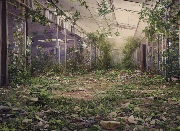 Prompt: trees growing in an abandoned shopping mall, overgrown by flower, vines, at night, close up shopping cart, hyperrealistic, highly detailed, oil painting, intricate, cgsociety, artstation, 8 k, cinematic, muted colors, soft lighting, smooth, sharp focus, volumetric lighting