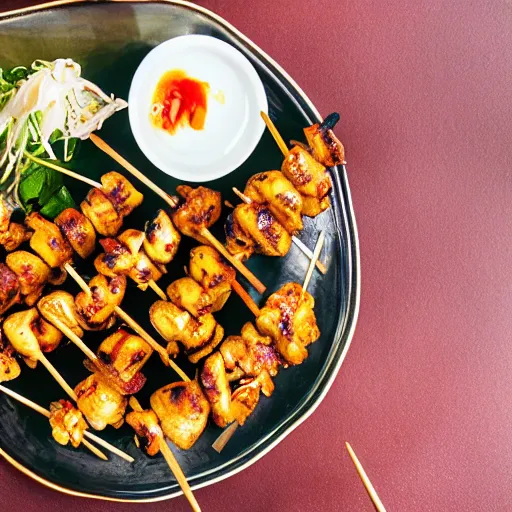 Prompt: thai peanut chicken skewers, michelin star food, detailed food, food photography