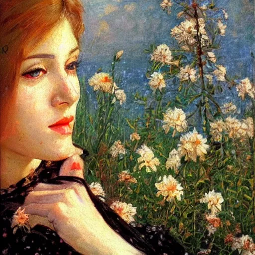 Prompt: close - up fashion slim sexy woman portrait airy flowers cloudy sky art by vasnetsov