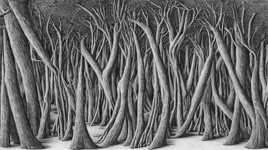 Image similar to a forest of fingers, by chris van allsburg and m. c. escher, fine inking lines, surreal fantasy