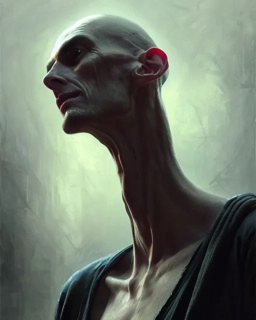 Image similar to epic portrait cinematic shot an skinny tall creature with long arms, long neck, bald, covered in dark substance, fine details. night setting. realistic shaded lighting poster by craig mullism, artgerm, jeremy lipkin and michael garmash, unreal engine, radiant light, detailed and intricate environment, digital art, trending on art station,