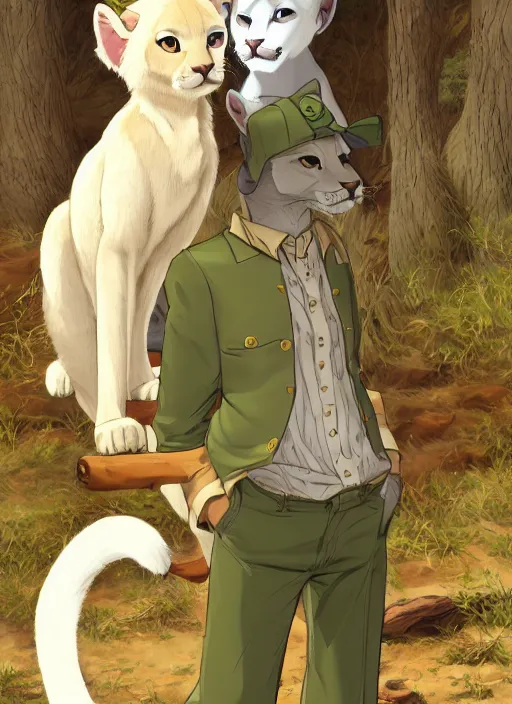 Prompt: character portrait of a male anthro albino mountain lion fursona with a tail and a cute beautiful attractive detailed furry face wearing a pale-yellow button down shirt and olive-green slacks at an old-timey saloon. hidari, color page, tankoban, 4K, tone mapping, Akihiko Yoshida. Nomax, Kenket, Rukis. comic book style, photorealistic, professional lighting, hyperdetailed, high resolution, high quality, dramatic, deviantart, artstation, 4k, real photo