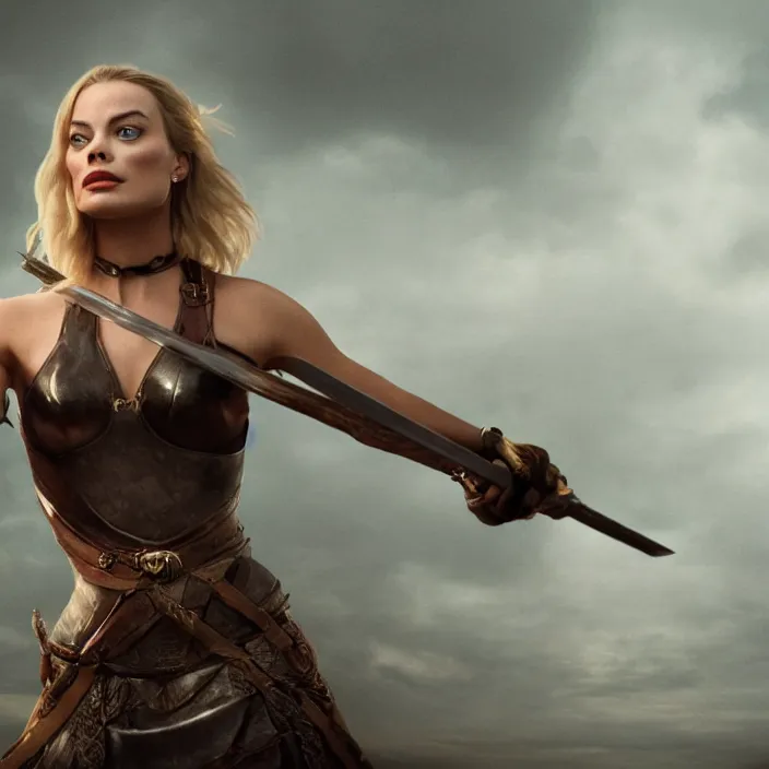 Image similar to margot robbie, holding broadsword, sword. very coherent symmetrical artwork. cinematic, high detail, octane render, 8 k