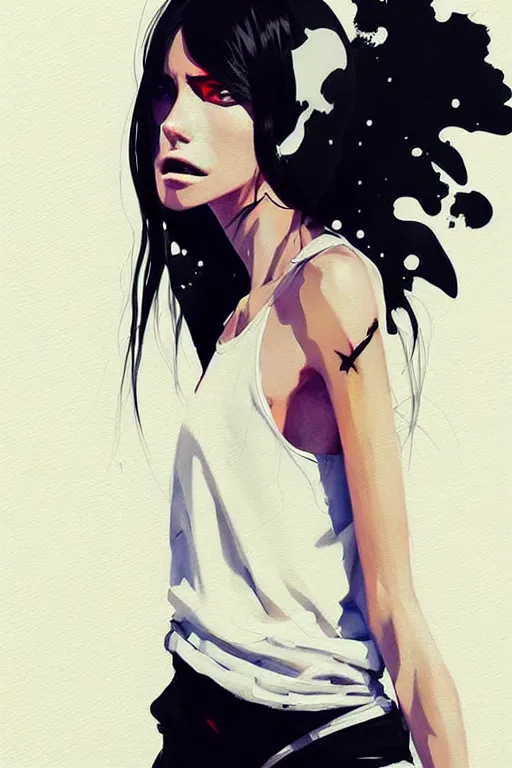 Image similar to a ultradetailed beautiful painting of a stylish woman with a white tank top, by conrad roset, greg rutkowski and makoto shinkai trending on artstation