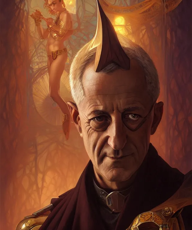 Image similar to Benny Gantz as a fantasy magic man portrait, sci-fi, amber eyes, face, fantasy, intricate, elegant, highly detailed, digital painting, artstation, concept art, smooth, sharp focus, illustration, art by artgerm and greg rutkowski and alphonse mucha