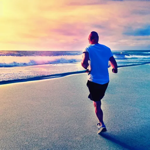 Image similar to Walter White running on the beach, artistic, 8k, cinematic, accurate, symetric, face, dramatic lighting, pastel colours, hdr