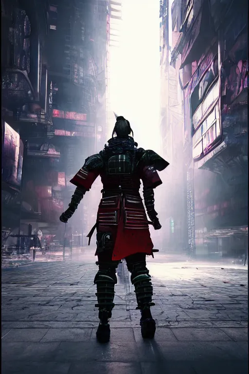 Prompt: hyperrealistic cyberpunk samurai character, ultradetailed, volumetric lighting, 4k UHD.