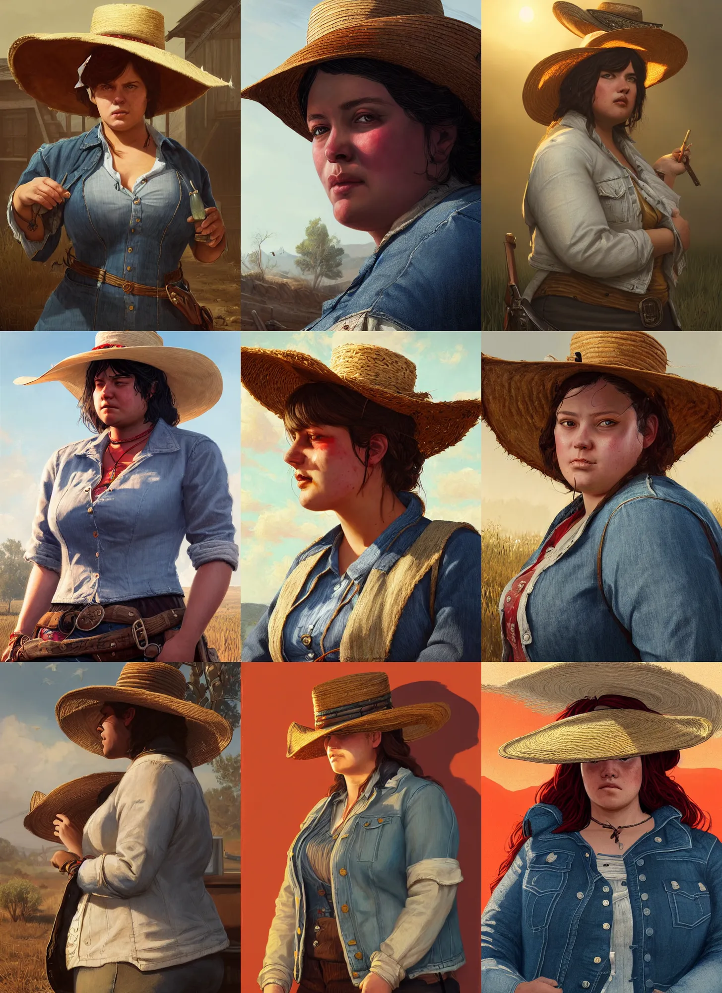 Prompt: highly detailed portrait of chubby woman wearing a white wide brim straw hat and a denim jacket. red dead redemption art, unreal engine, fantasy art by greg rutkowski