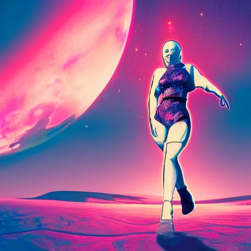 Prompt: A wide angle shot from below of a feminine body walking with swagger towards camera on mars in an infinite universe , synthwave digital art