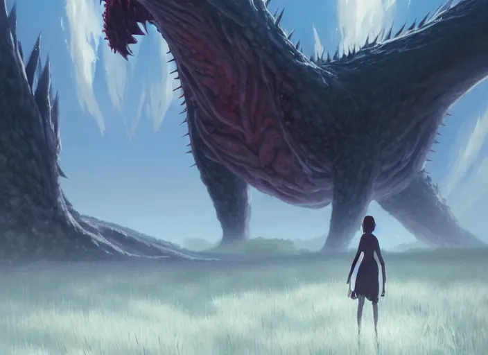 Prompt: a gargantuan creature kaiju with smooth skin, lots of small quils and spikes on it's neck, looming over a field, fog, horror, by makoto shinkai an krenz cushart