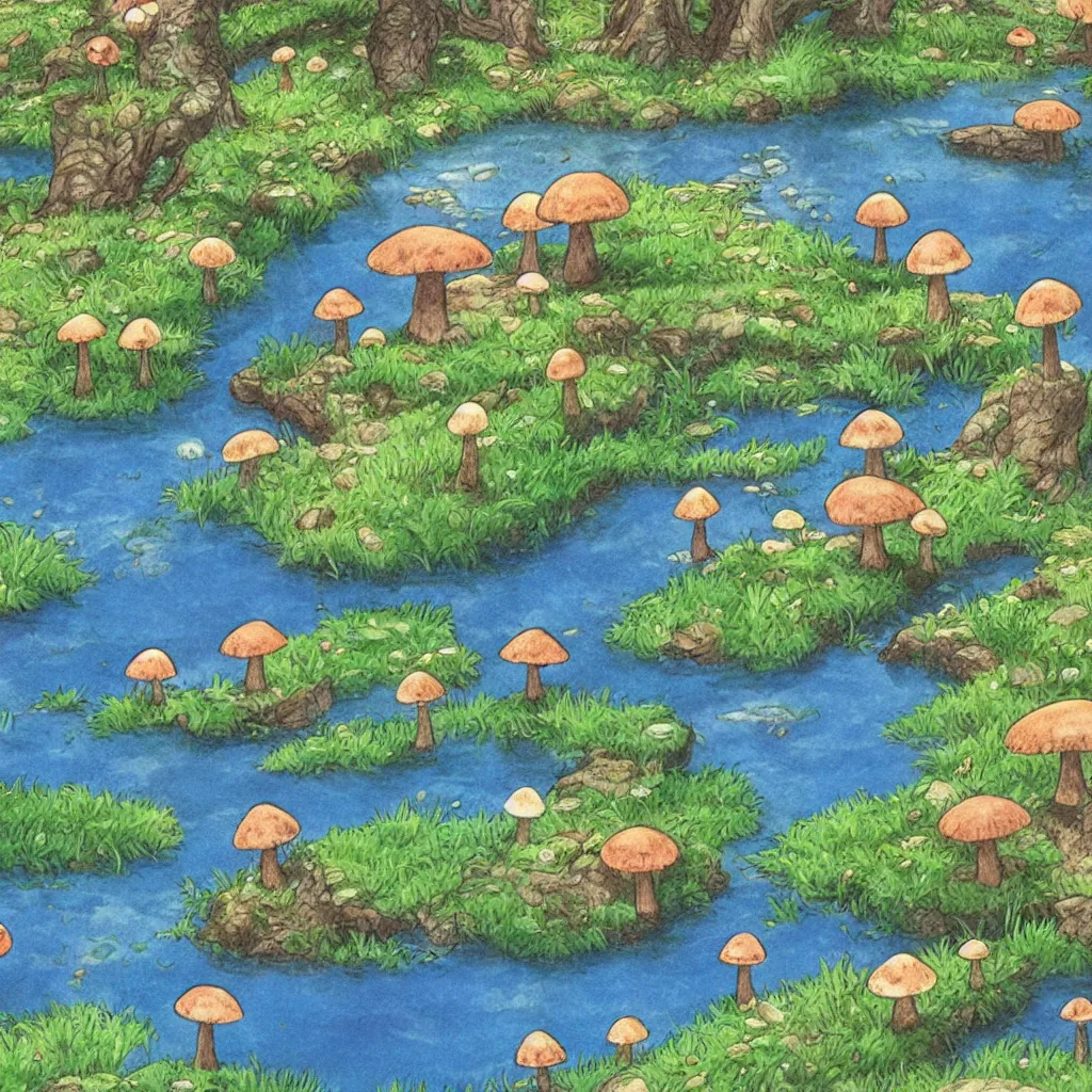 Image similar to a beautiful lake with cute little mushrooms growing around it, fantasy art, 2 d game art, by studio ghibli