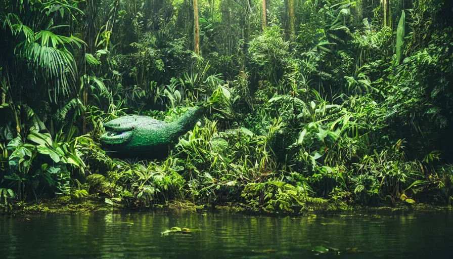 Image similar to a rainy foggy jungle, river with low hanging plants, there is a giant aligator in the water, it is glowing, great photography, ambient light