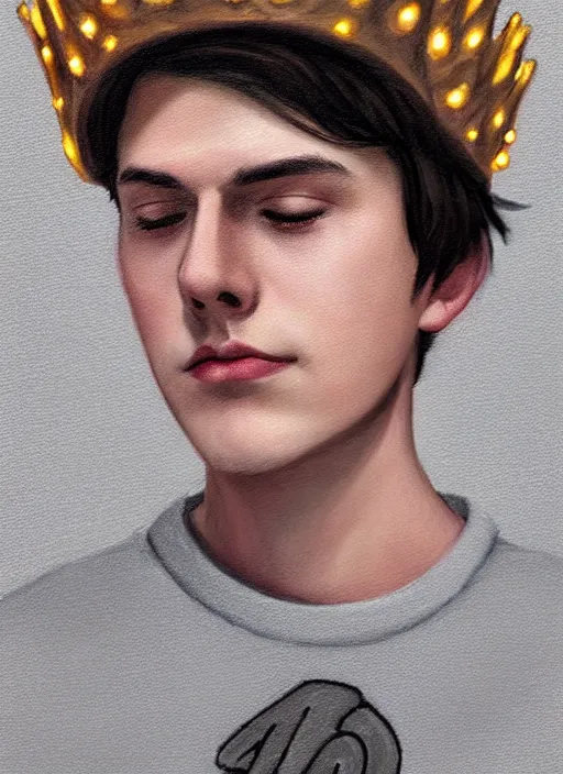 Image similar to portrait of teenage jughead jones wearing a light grey crown, photorealistic, crown, eyes closed, crown, black hair, sweater with letter s on it, letter s, intricate, elegant, glowing lights, highly detailed, digital painting, artstation, concept art, smooth, sharp focus, illustration, art by wlop, mars ravelo and greg rutkowski