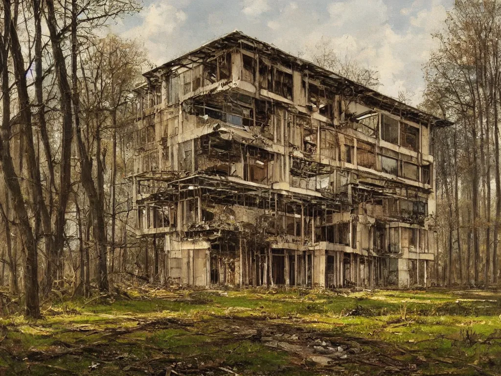 Image similar to A beautiful painting of a dilapidated post-modern building in the wood, by Paul Gustav Fischer, Trending on artstation, very detailed