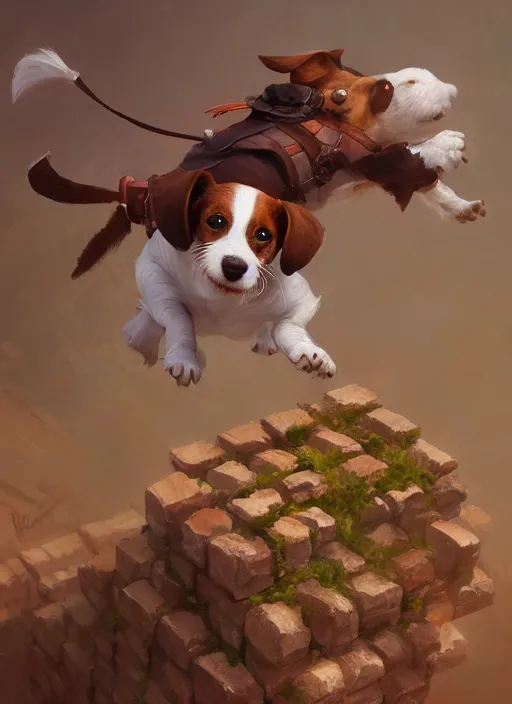 Image similar to adorable jack russel terrier jumping over a brick wall, fantasy art, artstation character design contest winner, trending on cgsociety, concept art, speedpaint, beautiful digital art, jesper ejsing, james jean, justin gerard, fenghua zhong, makoto shinkai, highly detailed