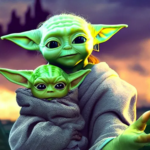 Prompt: zelda holding baby yoda in her arms, triforce sign, detailed, hyper realistic, 4 k octan render, unreal 5