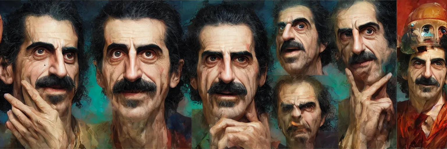 Image similar to colorful oil painting of character faces, realistic frank zappa turning into pizza, character sheet, fine details, concept design, contrast, kim jung gi, greg rutkowski and da vinci, 8 k, emotional, face turnaround 3 6 0, front view, back view, side view, ultra wide angle