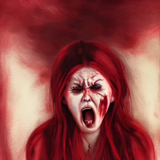 Image similar to extrem mad girl with total anger screams into the void to release her anger, high detail painting in dark red colors