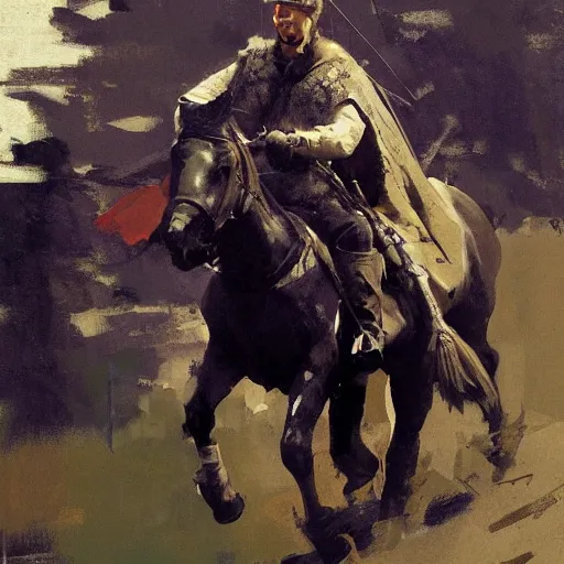 Prompt: portrait of rider wearing gambeson aiming bow, galloping detailed by greg manchess, craig mullins, bernie fuchs, walter everett, low angle