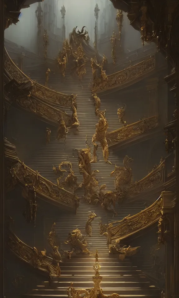 Image similar to straight staircase with ornate statues to heaven, art by greg rutkowski and peter mohrbacher, featured in artstation, octane render, cinematic, elegant, intricate, ultra detailed, rule of thirds, professional lighting, unreal engine, fantasy, concept art, sharp focus, illustration, 8 k