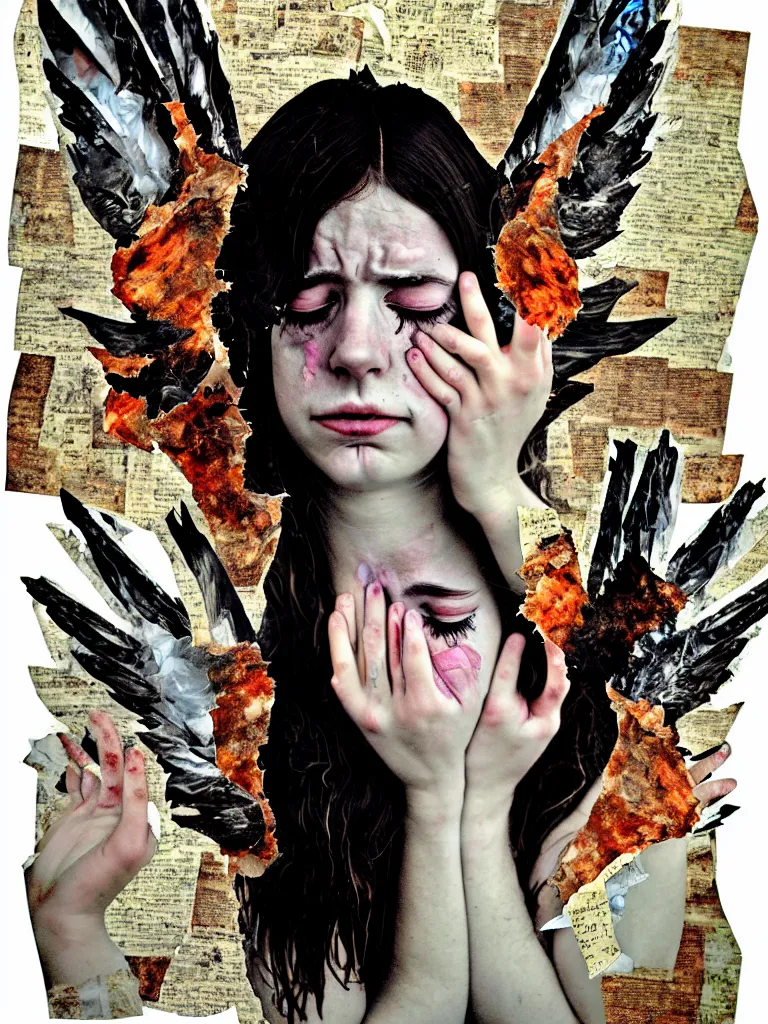 Image similar to a young adult angelgirl soft crying with lots of hands on her face and ratty feathered angel wings, stressed and burnt out, collage effect, collaged, torn paper, torn paper collage, overexposure, overexposed, high exposure