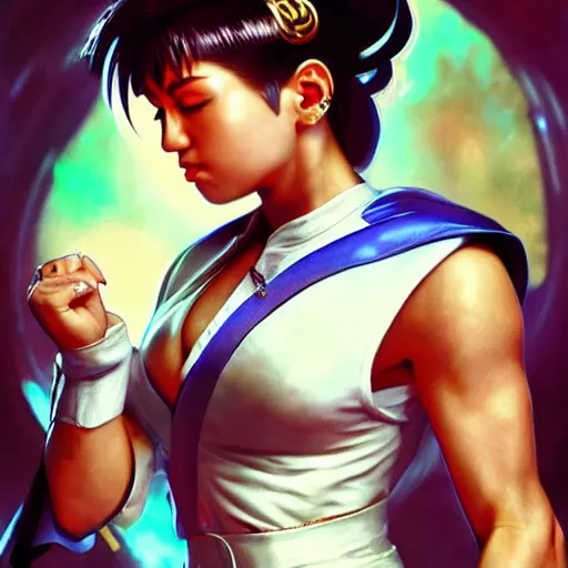 Prompt: miley cyrus as chun li from street fighter, 4 k, ultra realistic, detailed focused art by artgerm and greg rutkowski and alphonse mucha