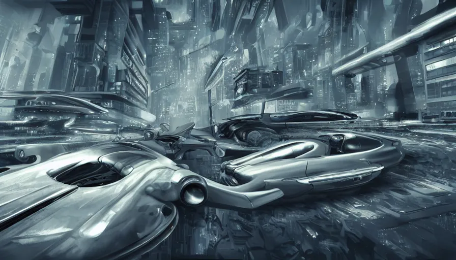 Prompt: Oldtimer Car with Jet Engines for wheels flying through a futuristic city, action shot, concept art, highly detailed