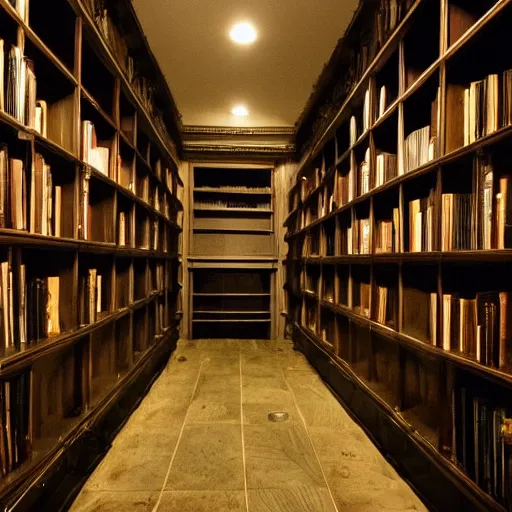 Image similar to Hard to see dark gloomy shadowy midnight crypt room with bookshelves. Dimly lit nighttime imagery