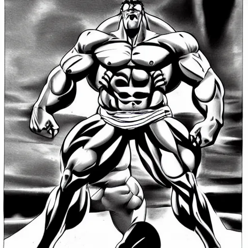 Prompt: a large muscular and beefy man, posed flexing his muscles. tan skin, manga illustration, 2 0 0 7