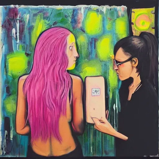 Image similar to “tall queer woman with long pink hair and a tall emo girl feeding Australian $50 notes to a weedy pig, capitalism, acrylic and spray paint and oilstick on canvas, neoexpressionism”