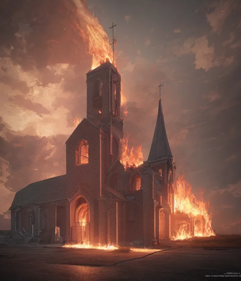 Image similar to a beautiful hyperrealistic detailed 3D render of a burning church, by Anton Otto Fischer, Atey Ghailan, genzoman, unreal engine, octane render, gigantic, 3D, brilliantly coloured, intricate, ultra wide angle, trending on artstation, embers, smoke, dust, dusk, volumetric lighting, HDR, polished, micro details, ray tracing, 8k