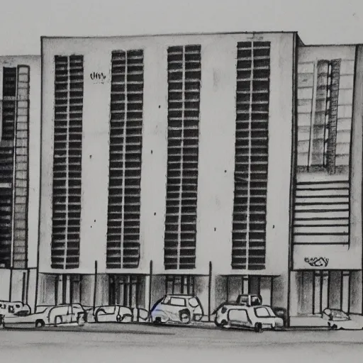 Prompt: drawing of bauhaus buildings in a square in tel aviv. highly detailed. pen drawing watercolors.