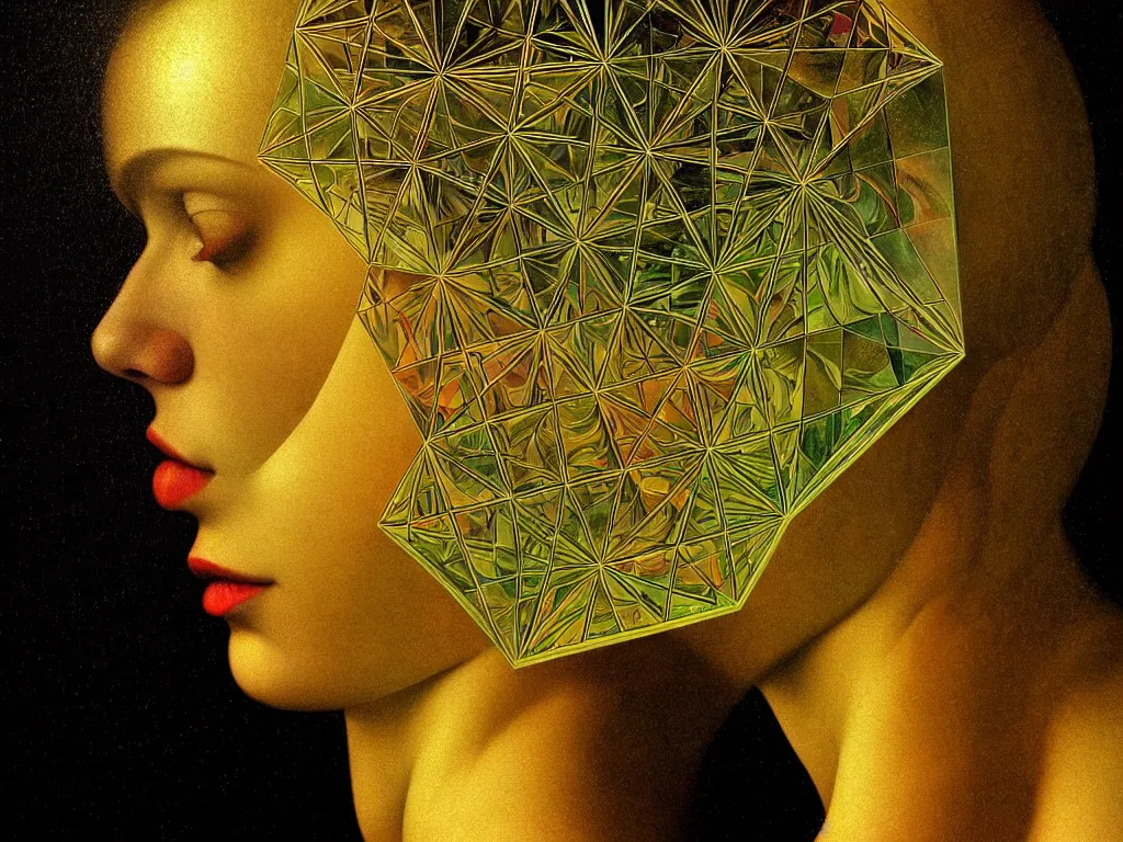 Image similar to hyperrealistic still life portraita womans face in profile, beautiful plants, sacred geometry, light refracting through prisms in a tesseract, sacred geometry, light refracting through prisms in a tesseract, by caravaggio, botanical print, surrealism, vivid colors, serene, golden ratio, rule of thirds, negative space, minimalist composition