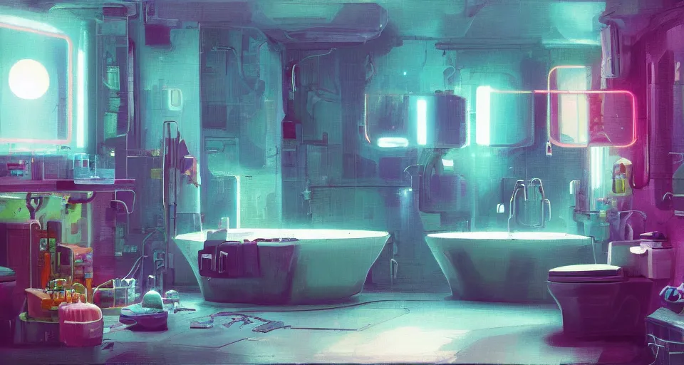 Image similar to IKEA catalogue photo of a cyberpunk bathroom, by Paul Lehr, 8k, HD, realistic, cinematic, artstation, details