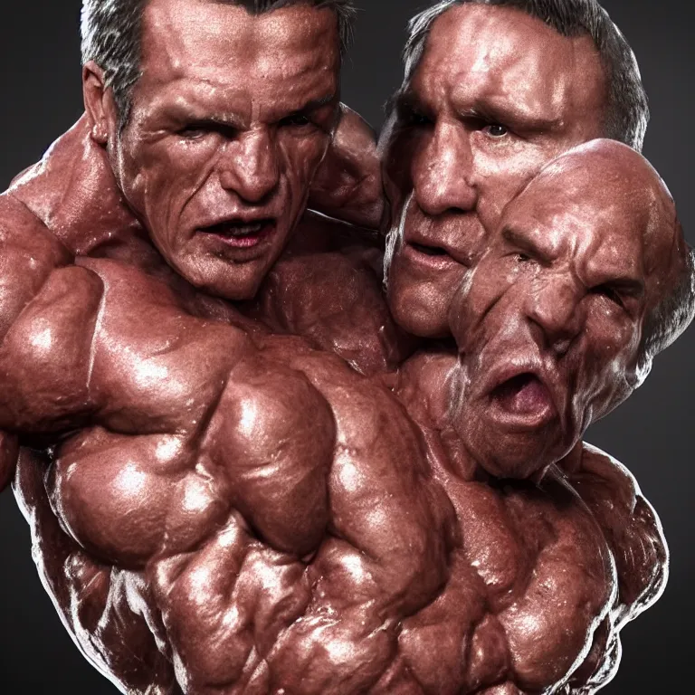 Image similar to octane render portrait by wayne barlow and carlo crivelli and glenn fabry, a incredibly horrifically muscular shredded ripped couple covered in shiny baby oil posing for a 1 9 9 0's sear's portrait photo while holding a small adorable demon puppy, cinema 4 d, ray traced lighting, very short depth of field, bokeh