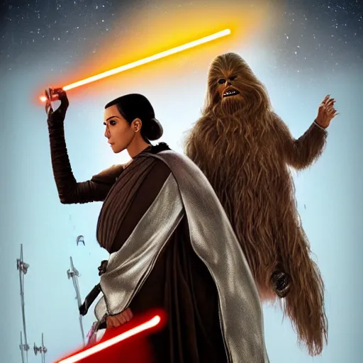 Image similar to super detailed star wars movie poster with Jesus Christ and kim kardashian, 8k full HD photo, cinematic lighting, anatomically correct, oscar award winning, action filled, correct eye placement,