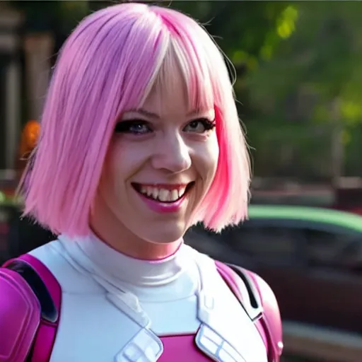 Image similar to A still of Gwenpool in Deadpool 3 (2023), blonde hair with pink highlights, no mask, white and light-pink outfit, smiling and winking at the camera