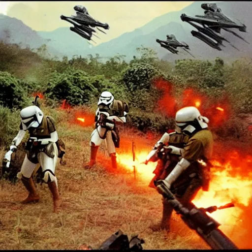 Image similar to star wars clone troopers combat soldiers in vietnam, photo, old picture, lush landscape, jungle, firearms, explosions, helicopters, aerial combat, active battle zone, flamethrower, air support, jedi, land mines, gunfire, violent, star destroyers, star wars lasers, sci - fi, jetpacks, agent orange, bomber planes, smoke, trench warfare