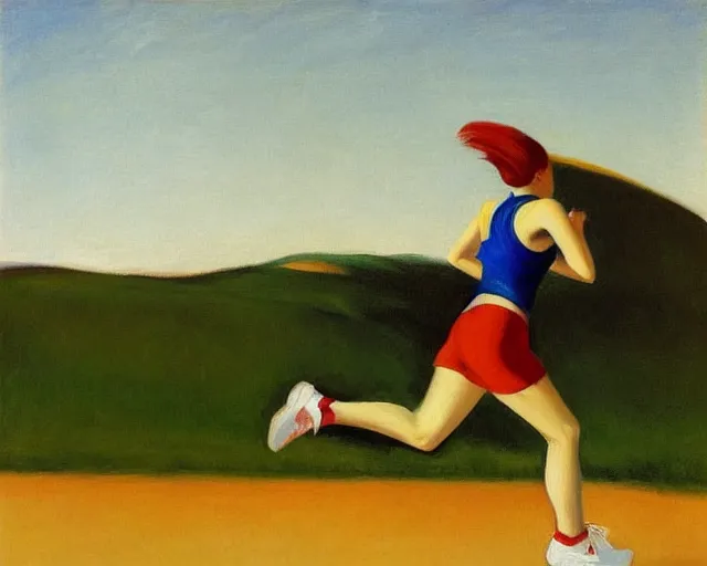 Prompt: blond lady with red and blue sneakers running through israel, running by salsa vendor, oil on canvas by edward hopper