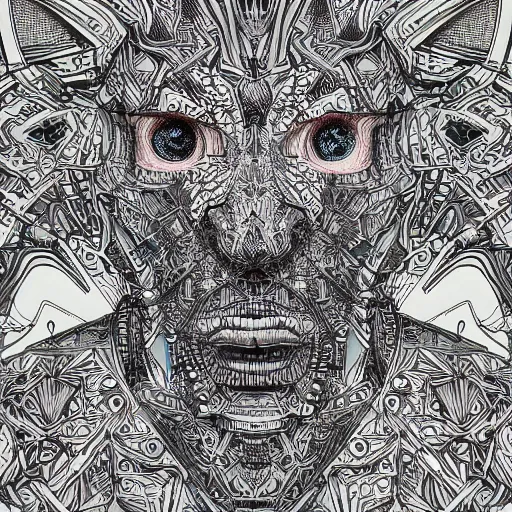 Prompt: Geometrically surreal Artificially Intelligent beings, extremely high detail, photorealistic, intricate line drawings, dotart, album art in the style of James Jean
