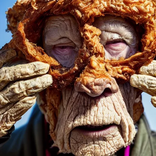 Prompt: an elderly man wearing a mask made from fried chicken, bold natural colors, national geographic photography, masterpiece, 8 k, raw, unedited, symmetrical balance