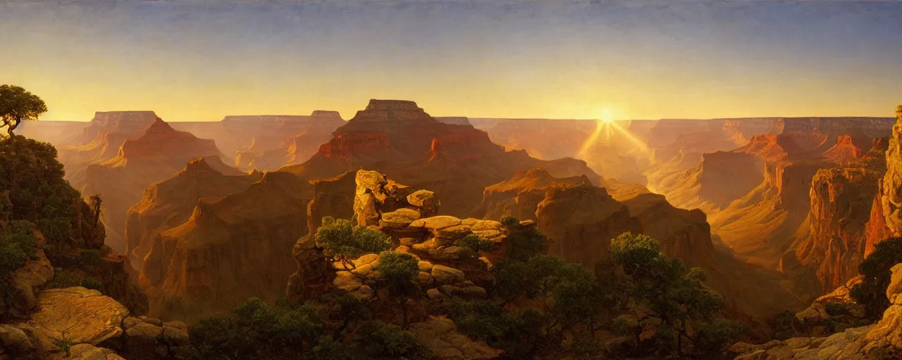 Prompt: romantic painting, wide shot of snuffleupagus in front of a the grand canyon at sunrise, highly detailed, sublime, hyperrealistic, painted by caspar david friedrich and albert bierstadt, trending on artstation 8 k