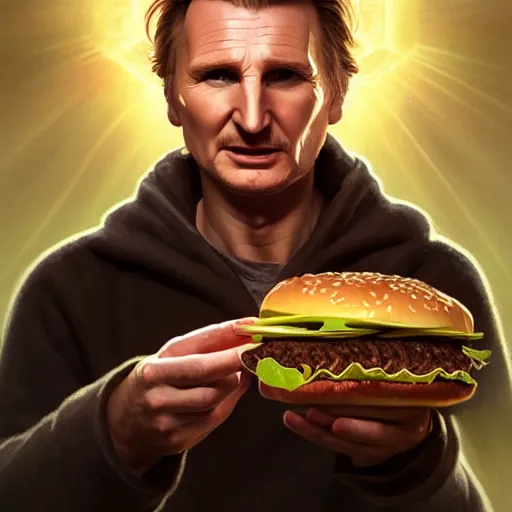 portrait of Liam Neeson eating hamburgers, extra | Stable Diffusion