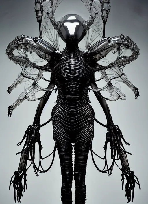 Image similar to iris van herpen gothic inflateble dark dress, perfect symmetrical body, helmet on face, full body shot, alien, plant predator, guyver, giger, wires, tubes, veins, jellyfish, white biomechanical details, wearing epic bionic cyborg implants, masterpiece, intricate, biopunk, vogue, highly detailed, artstation, concept art