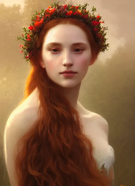 Prompt: oil painting close up portrait of a beautiful young woman with long flowing red hair, wearing a crown of wildflowers!! at sunset, hazy, digital art, chiaroscuro, artstation, cinematic, golden hour, digital art painting by greg rutkowski, william - adolphe bouguereau, hazy atmosphere, cinematic lighting