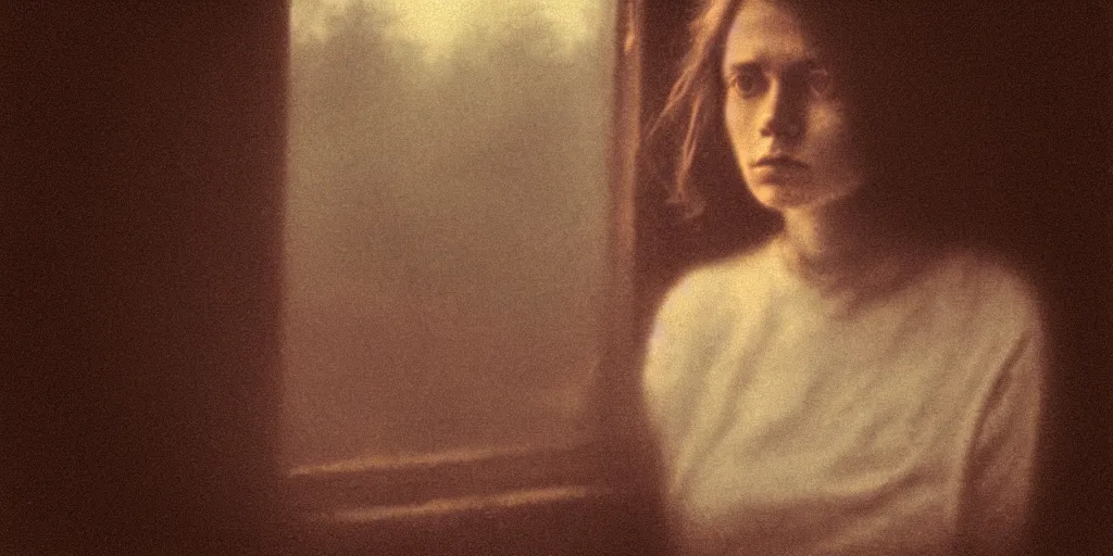 Prompt: portrait bust of young woman, solemn expression, faded color film, russian cinema, tarkovsky, kodachrome, old cabin, next to window, heavy forest outside, long brown hair, old clothing, heavy fog, sunset, hudson river school, 4 k, dramatic lighting, greg rutkowski
