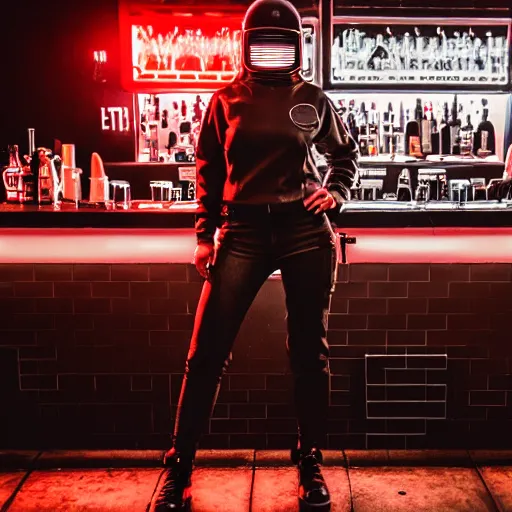 Prompt: photograph of retro techwear coed loitering near the bar of a packed busy rundown nightclub, retrofuturism, brutalism, cyberpunk, sigma 85mm f/1.4, 35mm, 4k, depth of field, high resolution, 4k, 8k, hd, highly detailed, full color