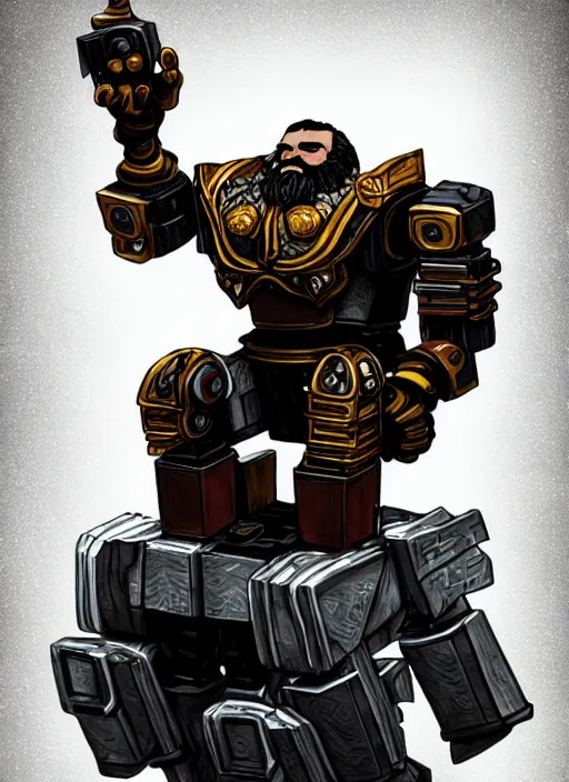 Image similar to dwarf fighter sitting in chair robot mech, exquisite details, black beard, white background, by studio muti