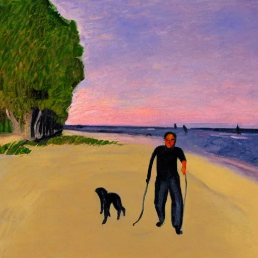 Image similar to fauvist painting of a man walking with a metal detector and a dog on a danish beach at sunset,