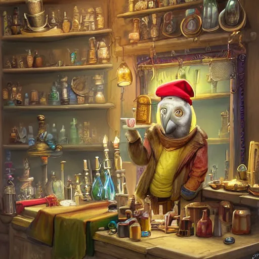 Image similar to Anthropomorphized parrot trader in his shop, presenting his wares, portrait, items, magic potions, carpet, window, fancy hat, sly expression , cunning expression, cute expression, presenting wares, D&D, fantasy, cinematic lighting, highly detailed, digital painting, artstation, concept art, smooth, sharp focus, illustration, warm light, cozy warm tint, magic the gathering artwork, volumetric lighting, 8k, art by Akihiko Yoshida, Greg Rutkowski